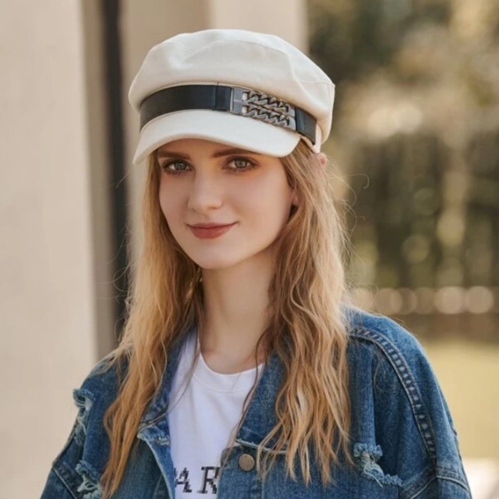 White Women's Beret Hat w/ Chain Decorated Peaked Cap Newspaper Hat Vintage - Picture 2 of 10